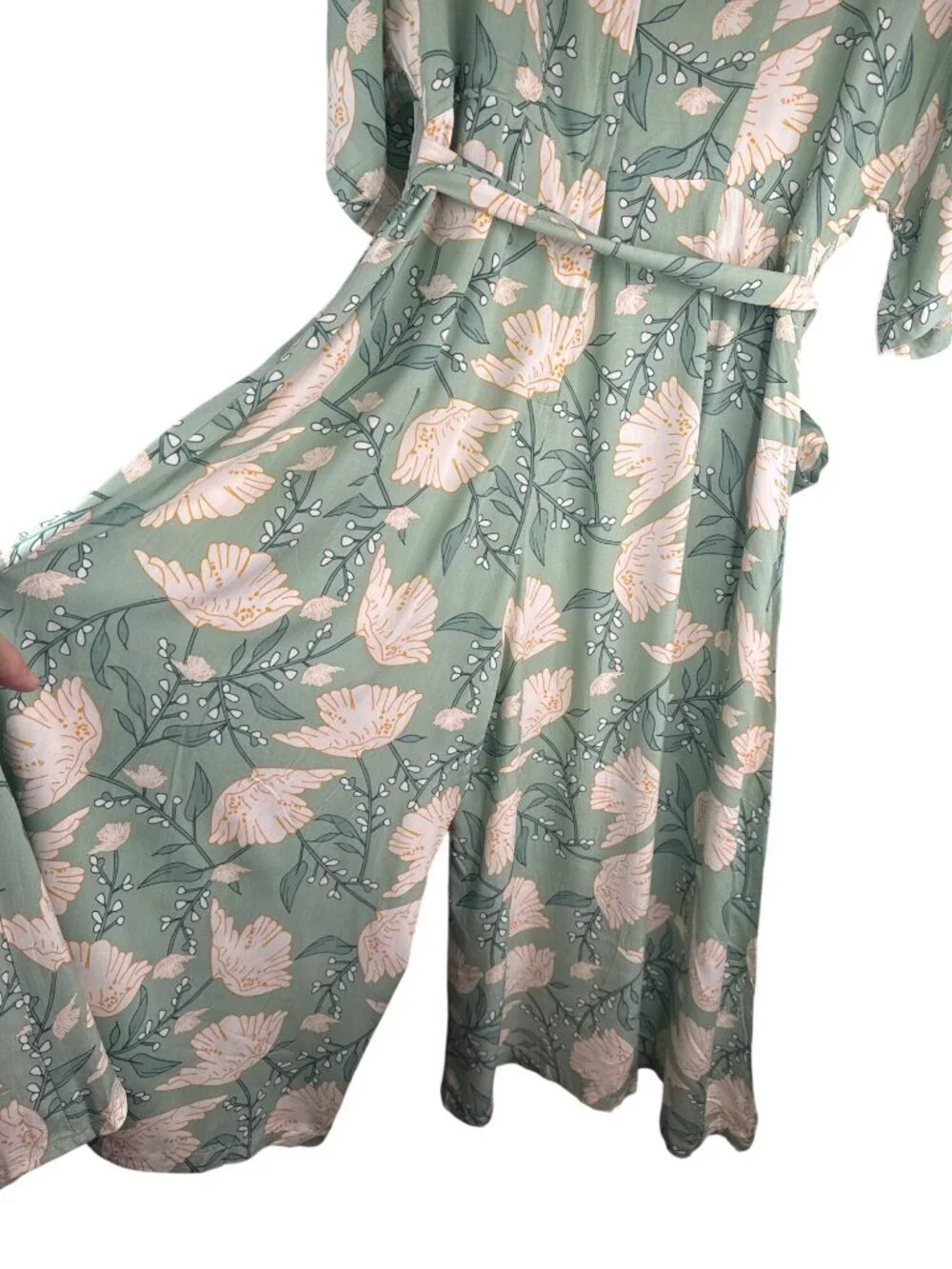 Modcloth X Collectif Size 10 Sage Green Floral Wrap Wide Leg Jumpsuit With Belt - Picture 8 of 10